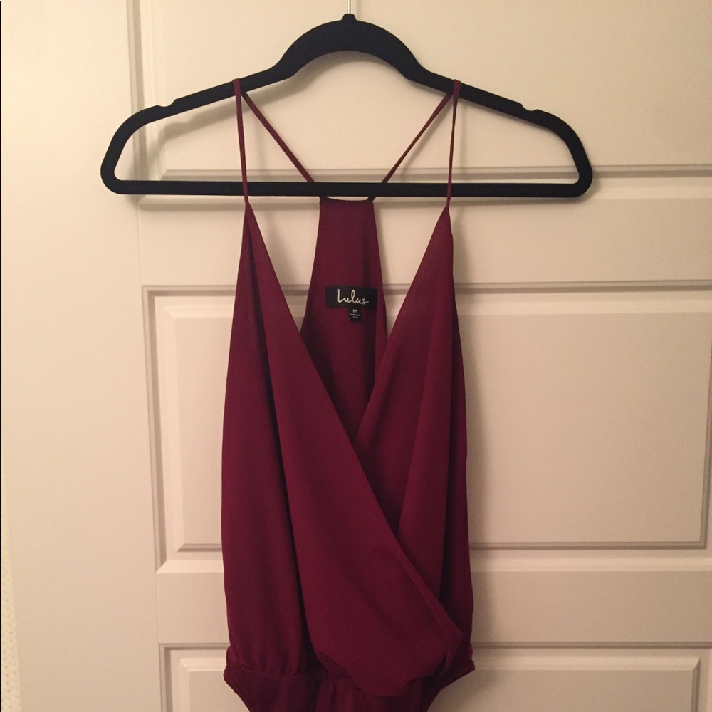 Lulu’s maroon bodysuit with plunging neckline